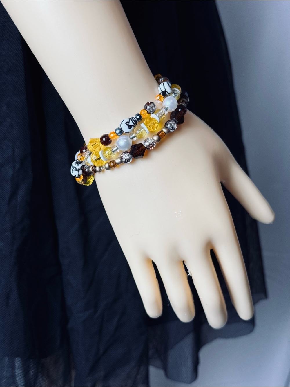 Handcrafted Halloween Skull & Amber Glass Bracelet Set
